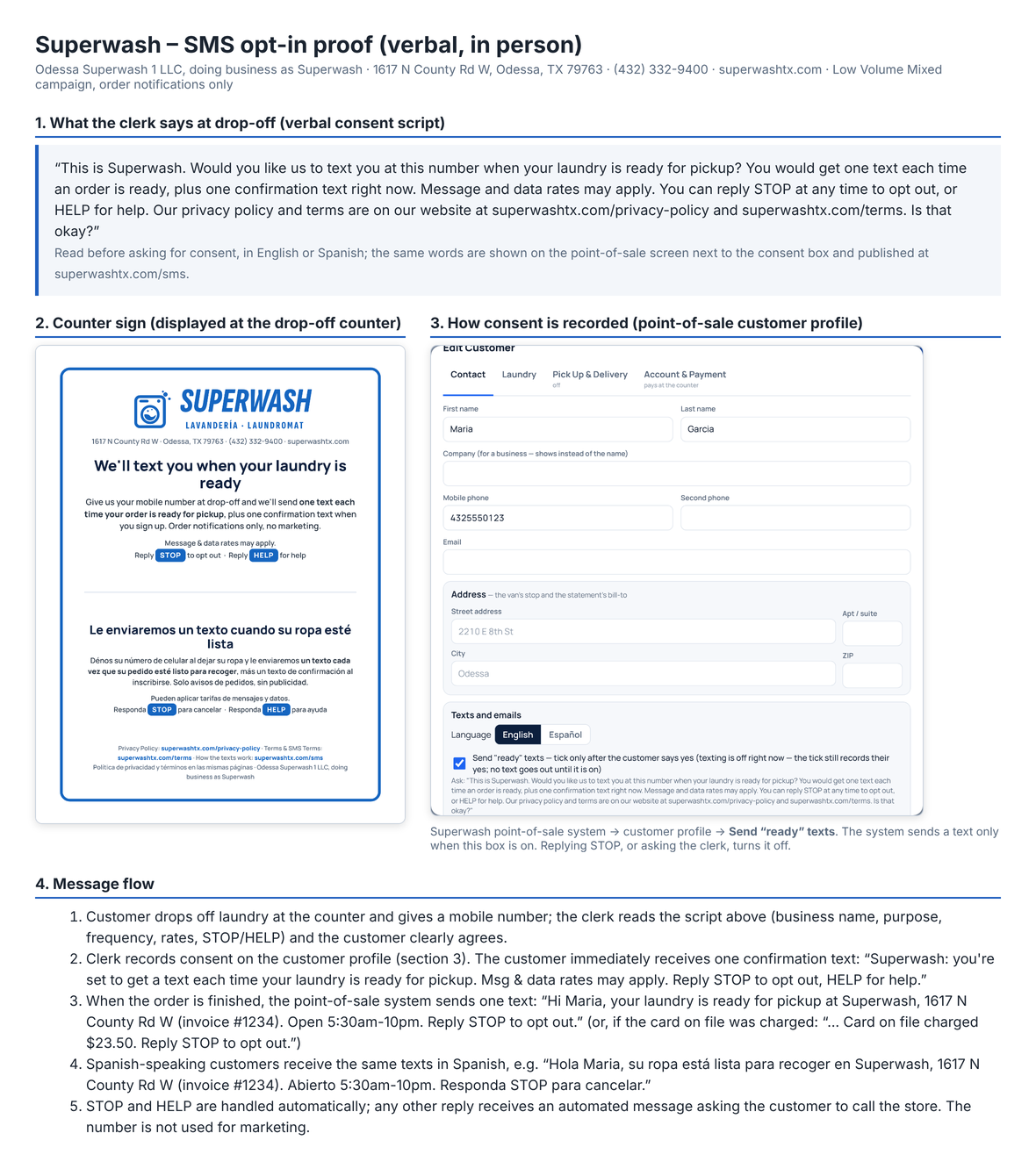 The opt-in screen in the Superwash point of sale: the clerk's script, the 'Send ready texts' checkbox and the confirmation text, in English and Spanish